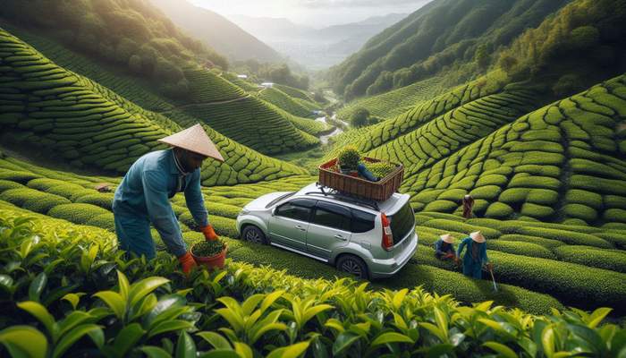 ماشین در مزرعه چای